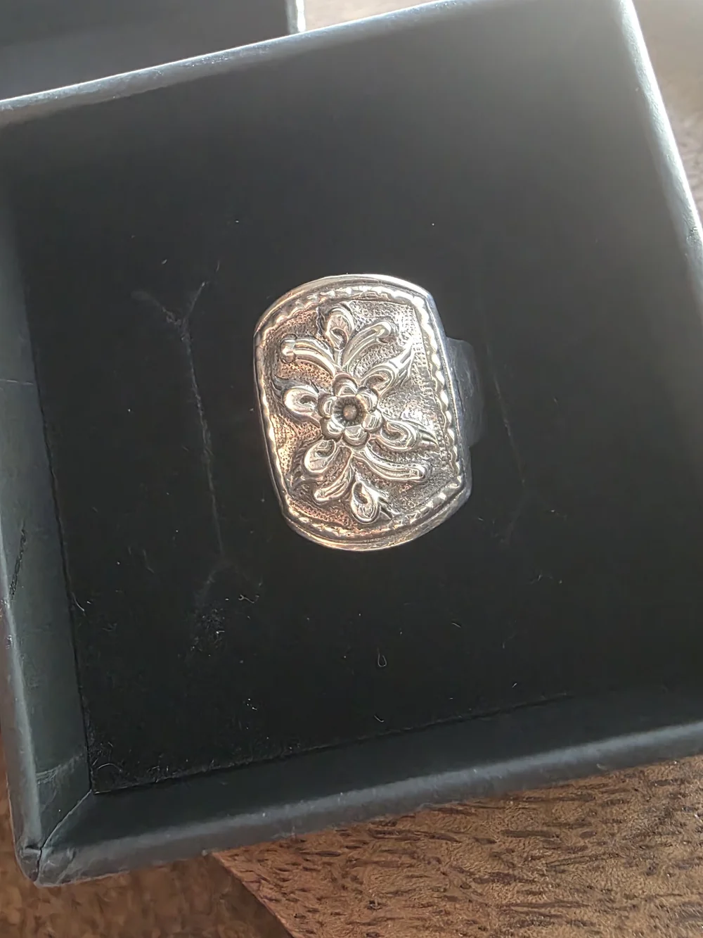 Ornate Artisan Made Floral Shield Ring in Silver